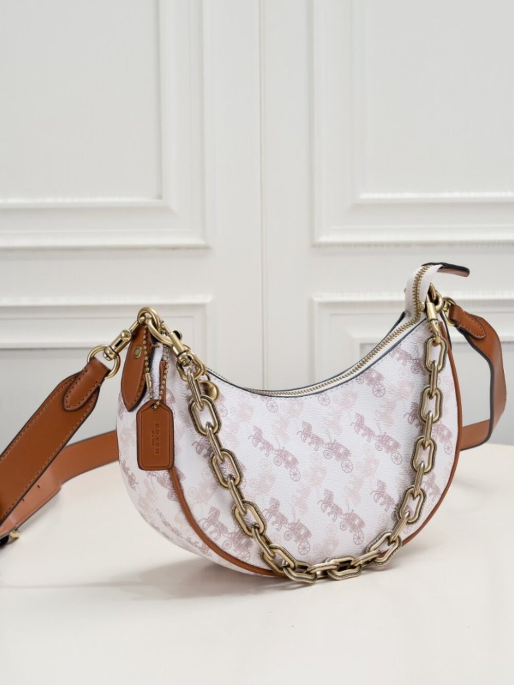 Coach Mira Horse & Carriage Print Crescent Bag with Chain - White/Brown - Picture 1 of 7